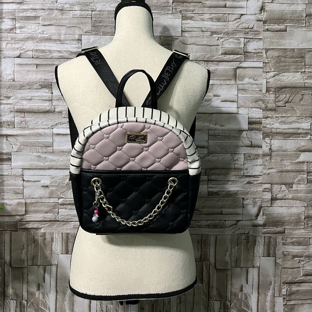 Luv Betsey Backpack Bag Womens Medium Multicolor Stripe Quilted Heart Pink Charm